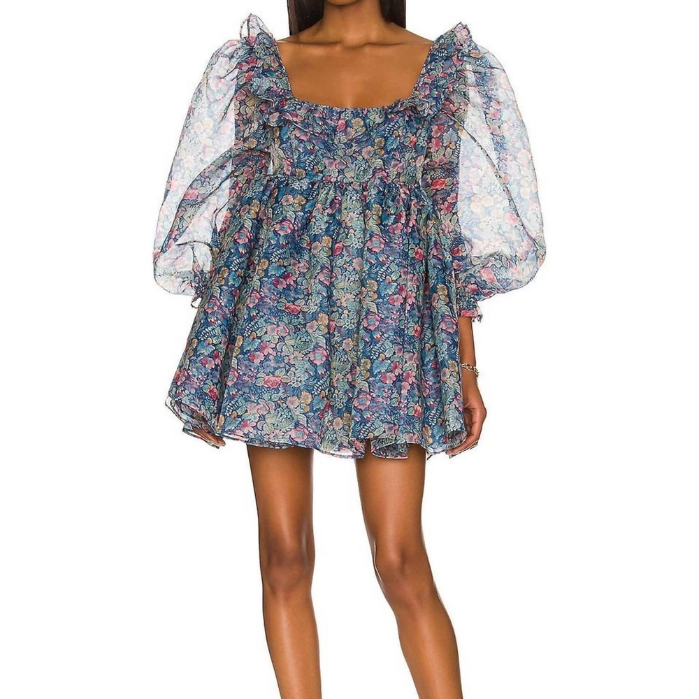 Selkie Long Sleeve ‘Mayfair’ Puff Dress Floral Blue- XS